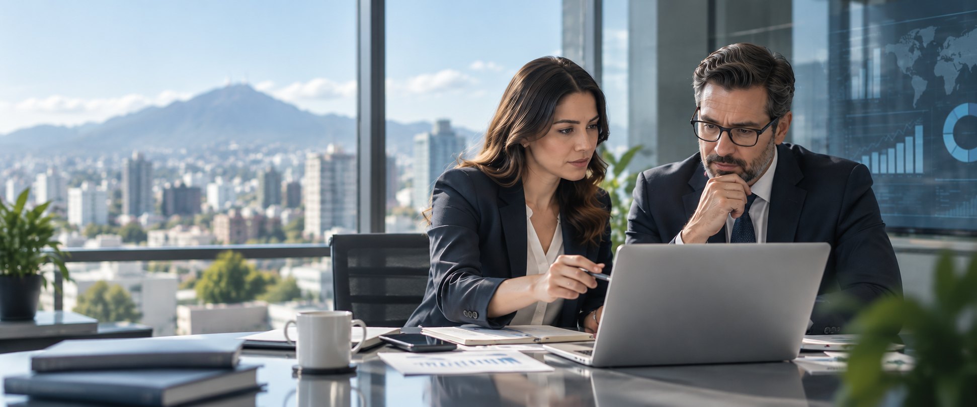 Dos profesionales revisando información financiera en una laptop, en una oficina con vista a la ciudad